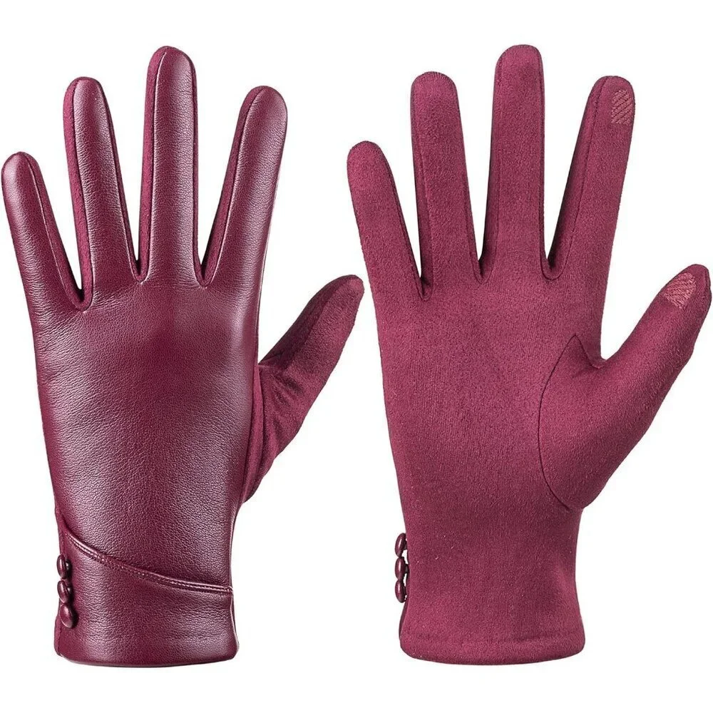 Women's Winter Leather Gloves Touch Screen Wool Lined Windproof Warm Suede Red